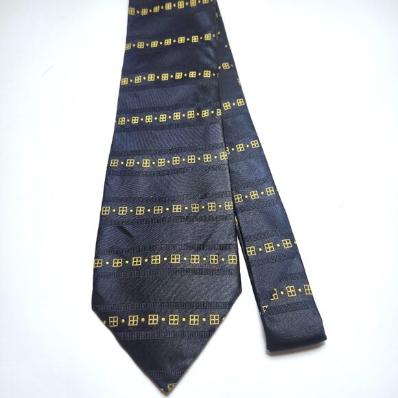 Mario Valentino Tie Men's Necktie Made in Italy 100% Silk Navy Blue with Yellow - Picture 2 of 6